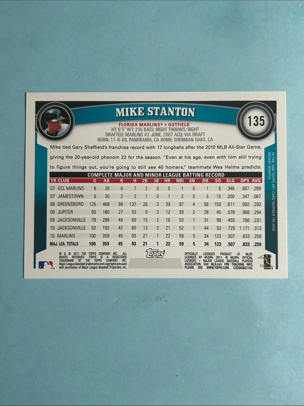 2011 TOPPS Marlins , MIKE STANTON , All Star Rookie Cup card #135